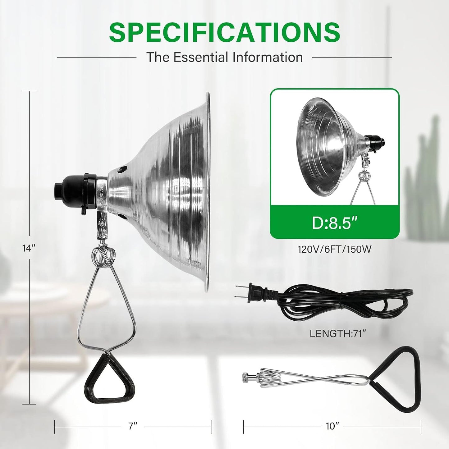 Lámpara abrazadera reflector aluminio 8.5pulg E26 150W cable 6ft