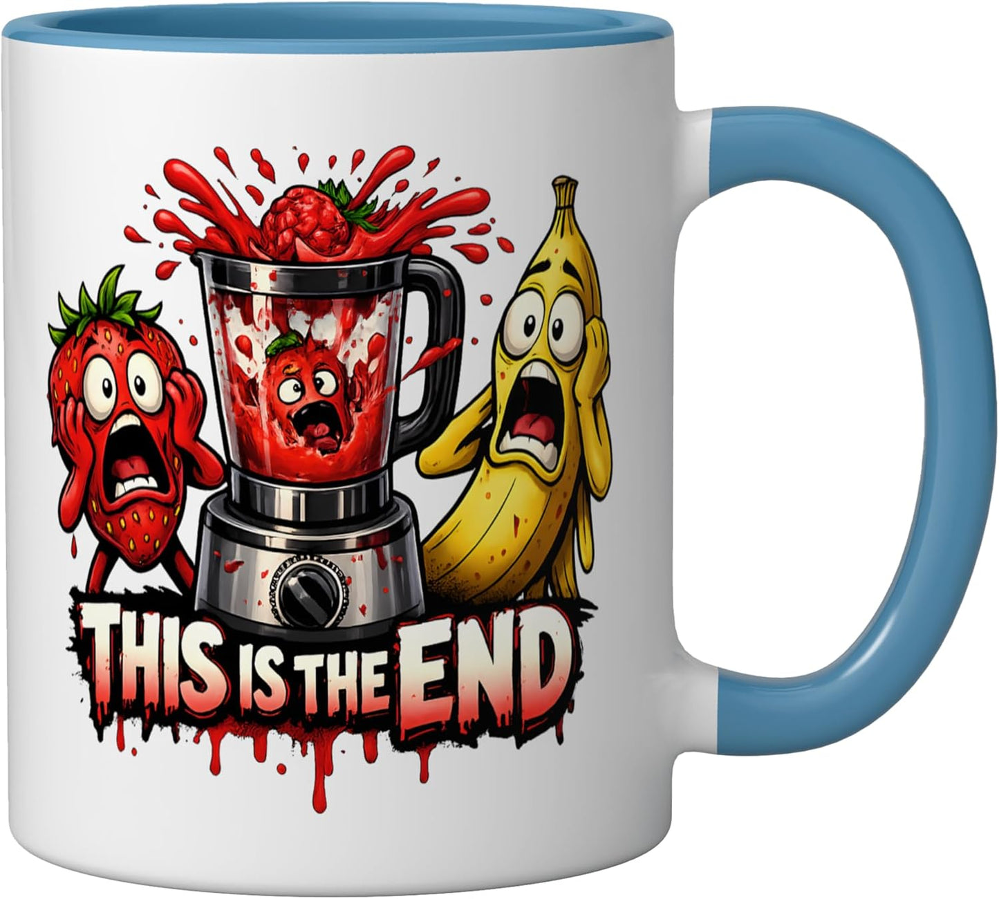 Taza Cerámica Humorística Frutas Panic Cartoon Azul/Blanco