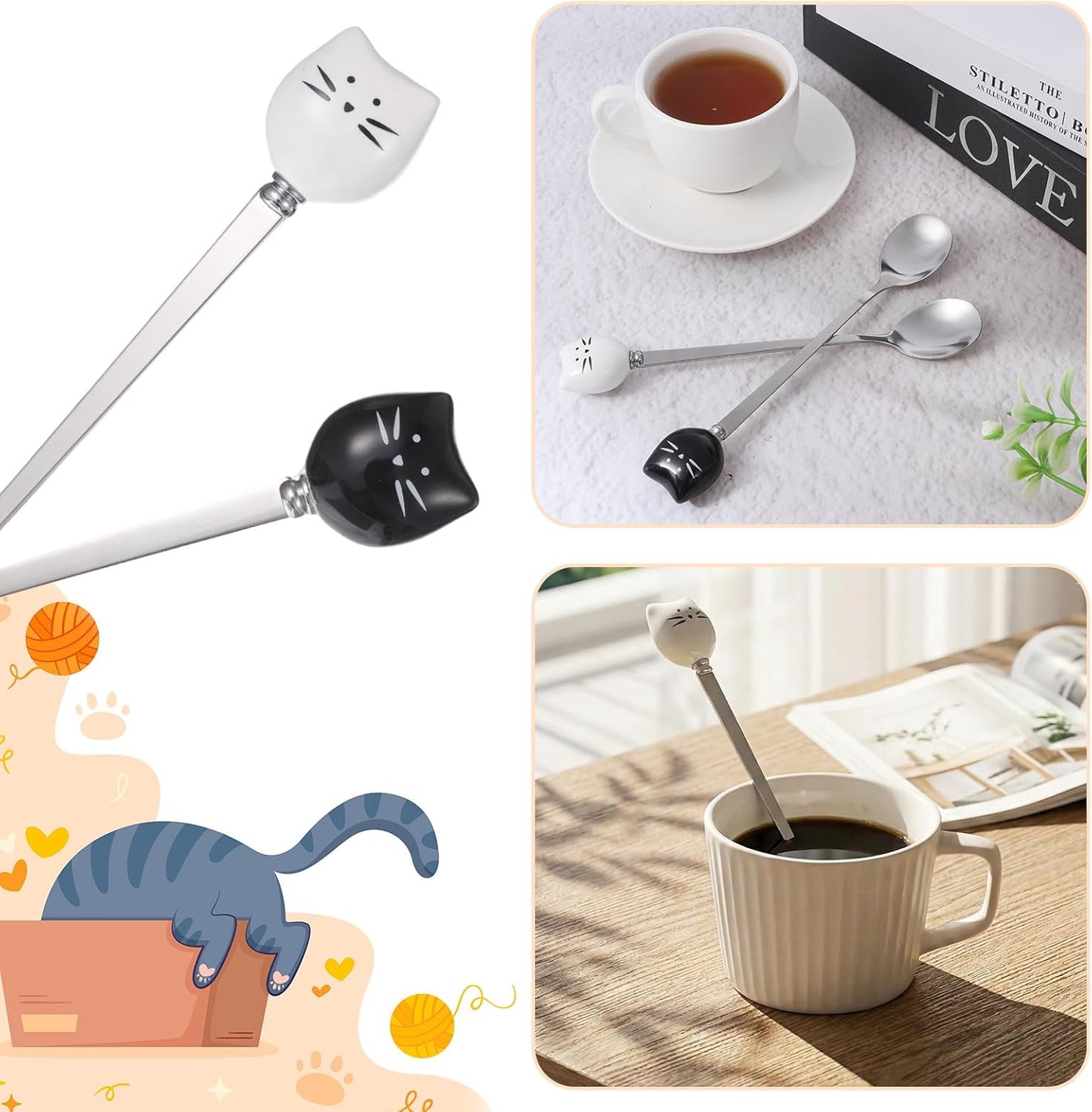 Juego de 2 cucharas de café en forma de gato de acero inoxidable