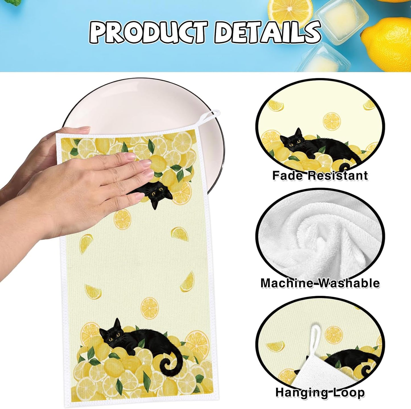 Set 4 Toallas Microfibra Limón Negro Gato Hogar Limpieza