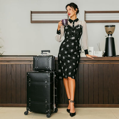 Maleta PU piel vintage con ruedas 360° y candado TSA negro