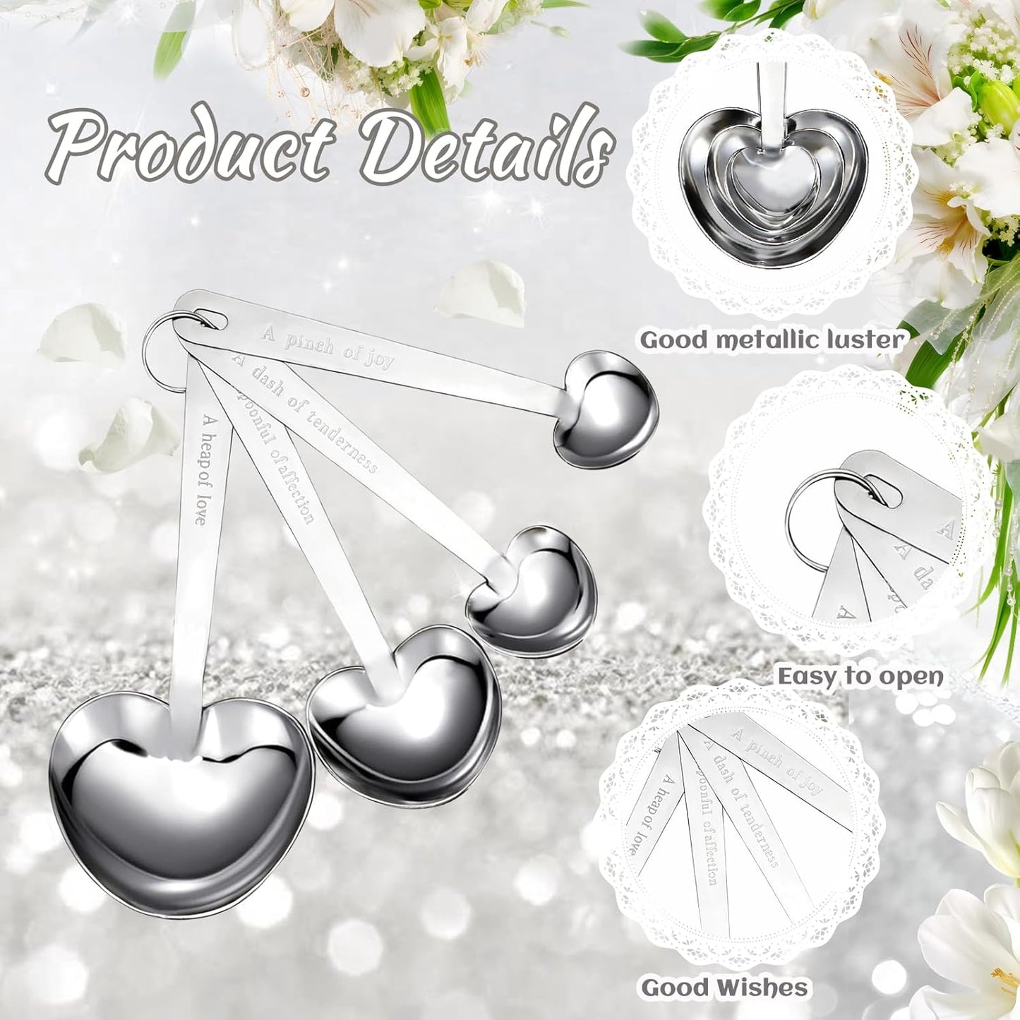 Set 50 Cucharas Medidoras Acero Inox Corazón Regalo Boda