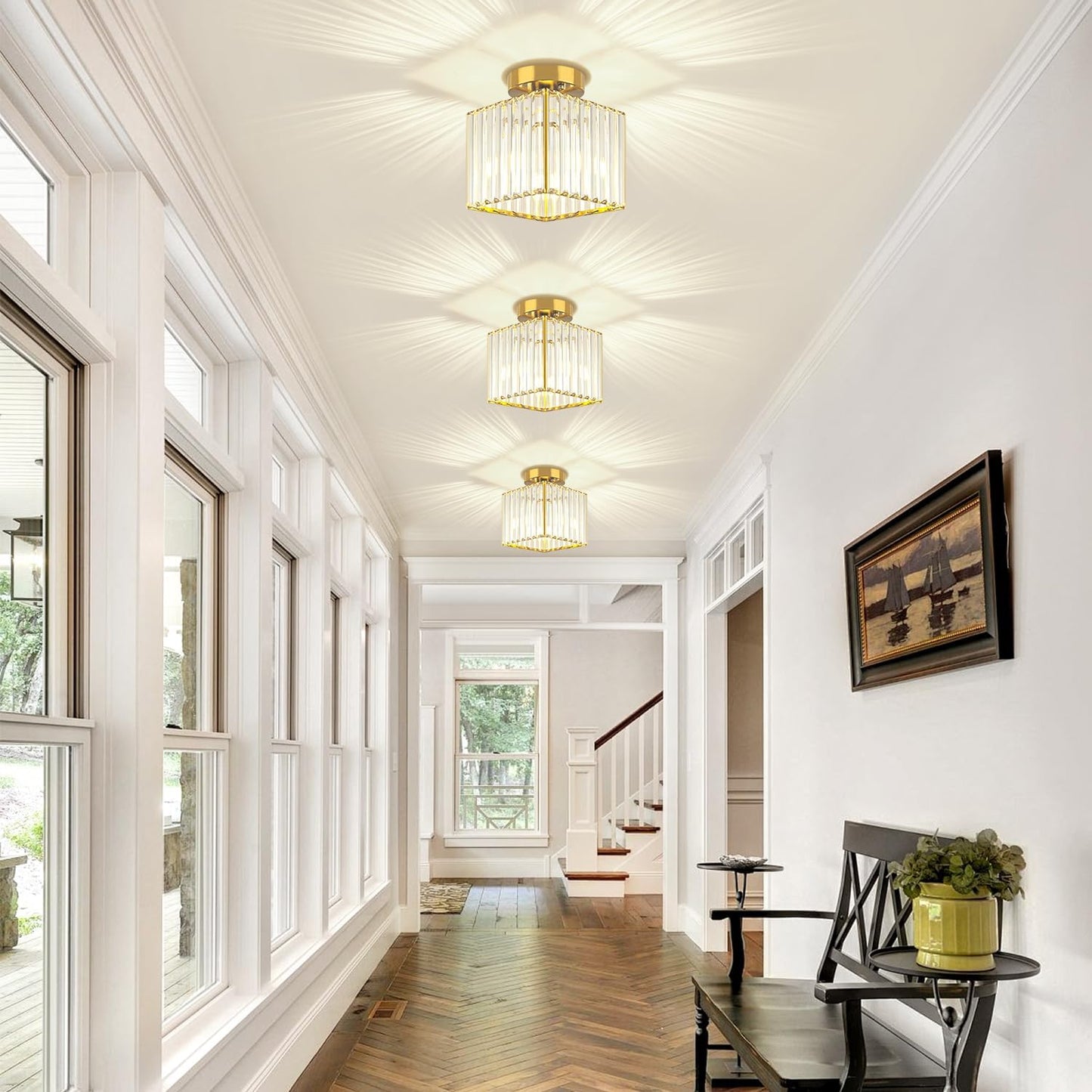 2 Lámparas Techo Cristal Dorado Modernas 7.24pulg