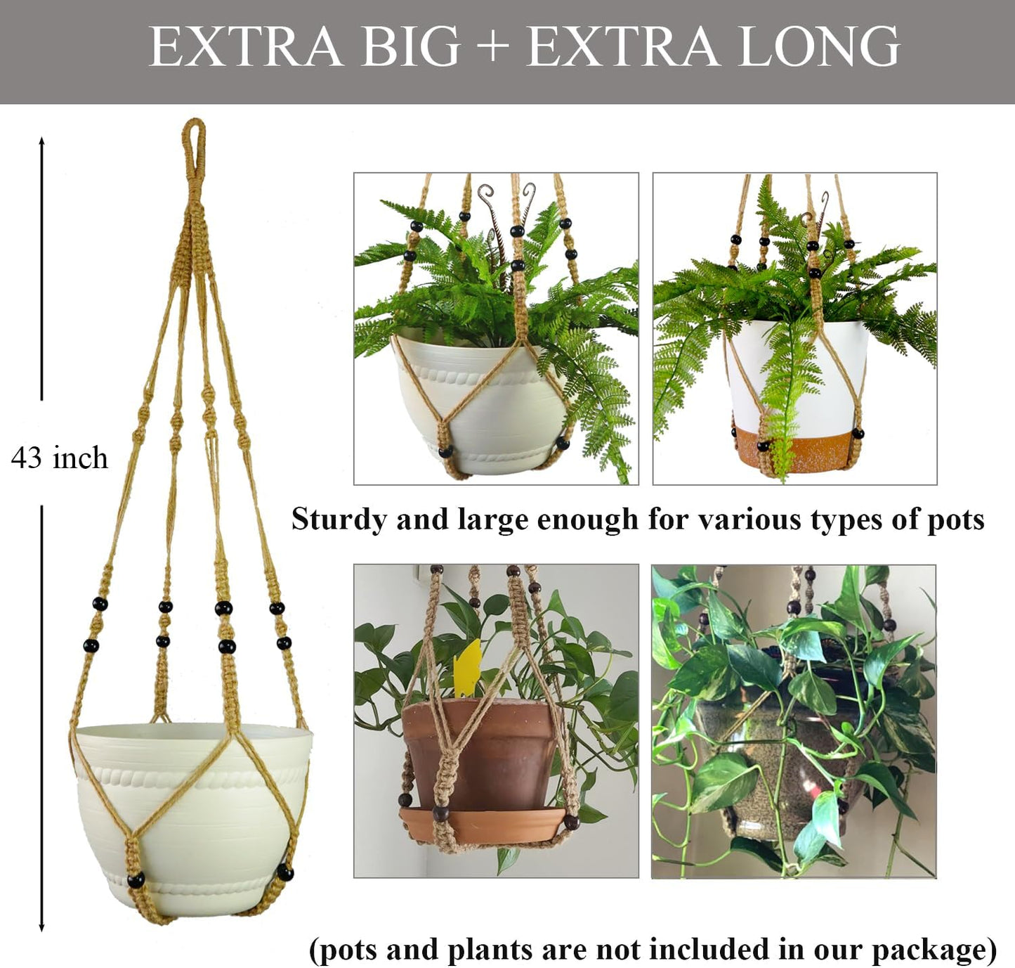 Colgador macramé para plantas 43pulg sin borlas cesta yute