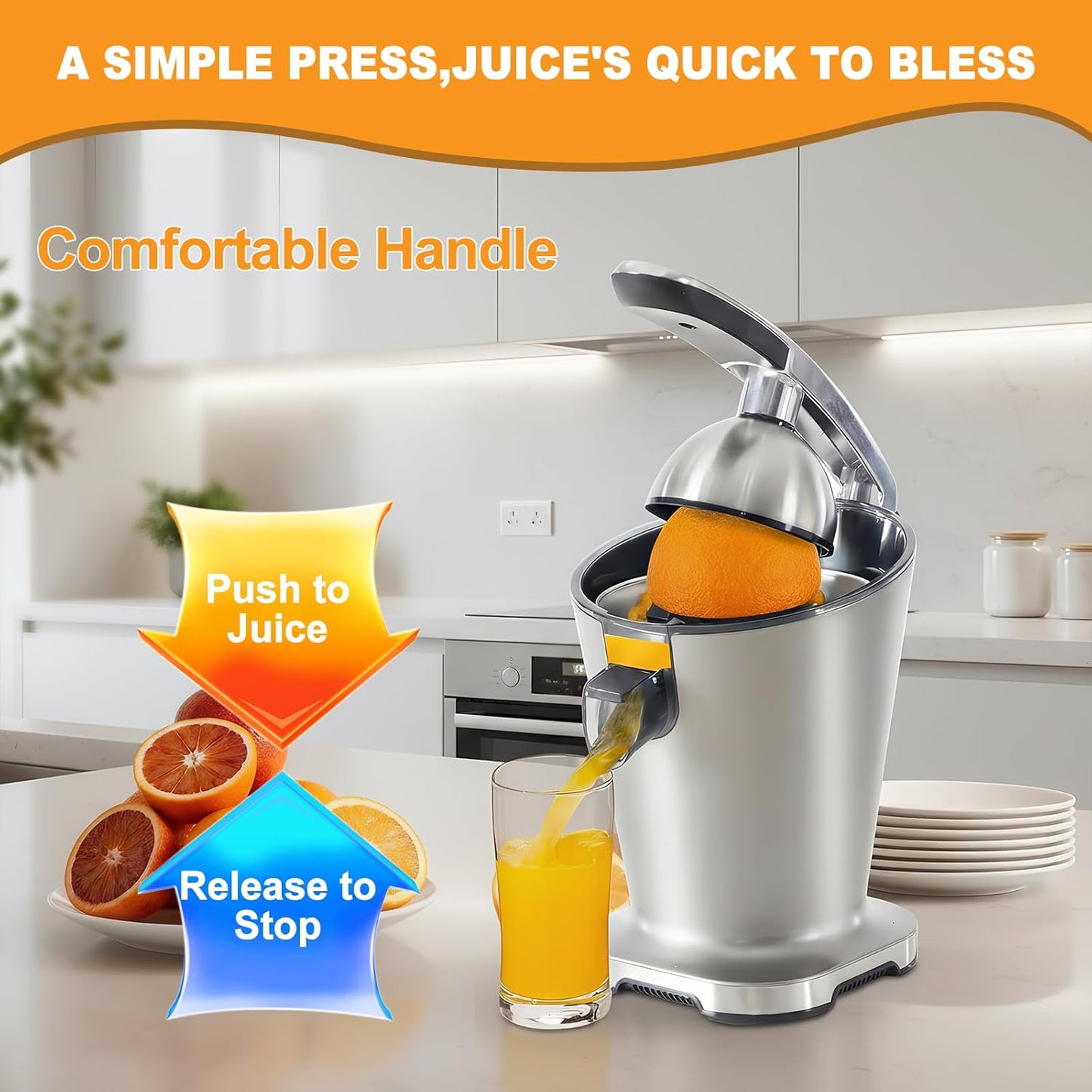 Exprimidor eléctrico de cítricos automático con mango suave y piezas aptas para lavavajillas
