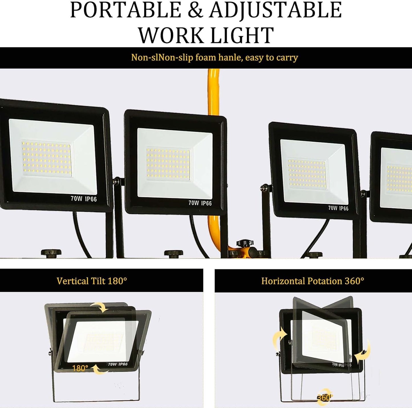 Luces trabajo LED 40000 lúmenes 4 cabezales ajustables IP66 trípode