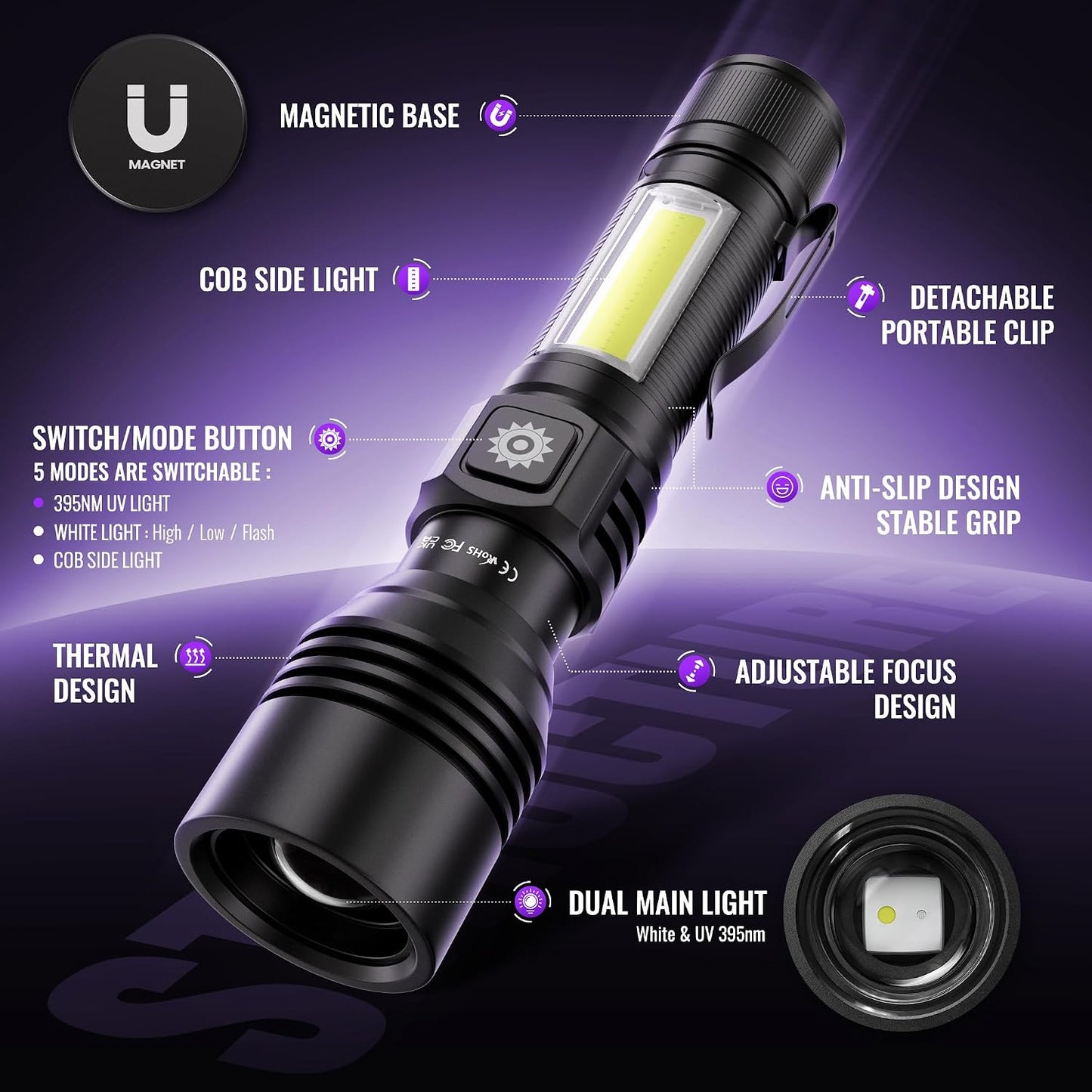Linterna 3en1 UV 395nm recargable USB luces negras portátiles