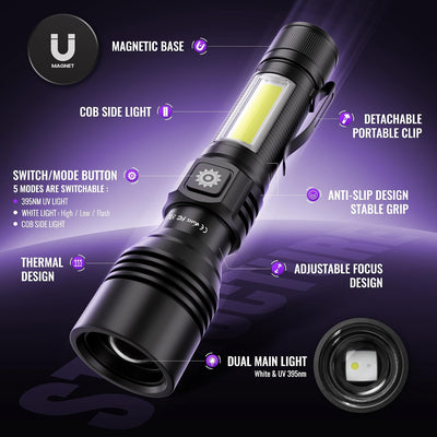 Linterna 3en1 UV 395nm recargable USB luces negras portátiles