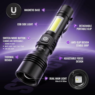 Linterna 3en1 UV 395nm recargable USB luces negras portátil