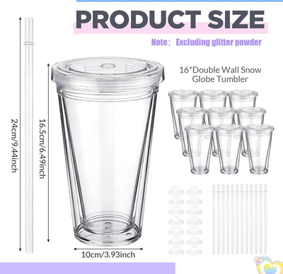 Vasos acrílicos globo nieve 16oz con pajitas y tapas doble pared