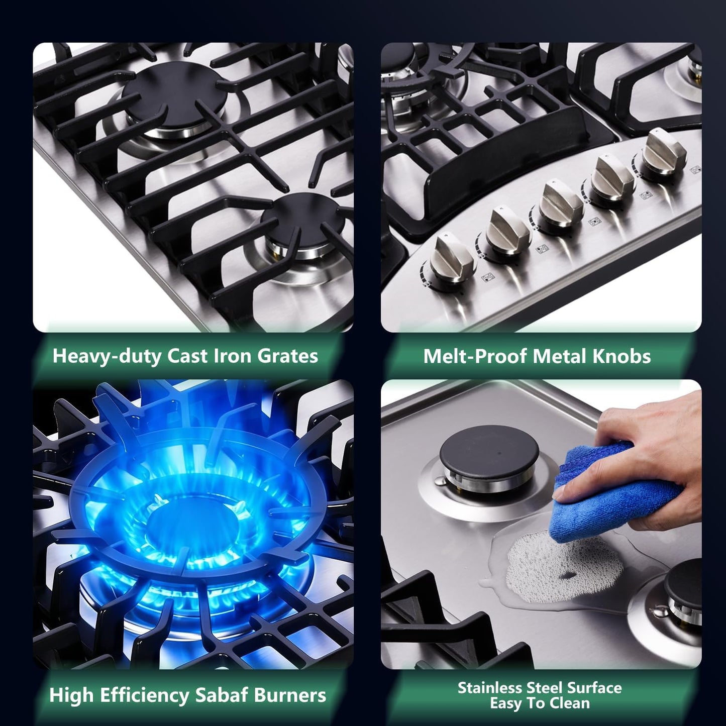 Estufa gas 30pulg 5 quemadores acero inox propano/natural
