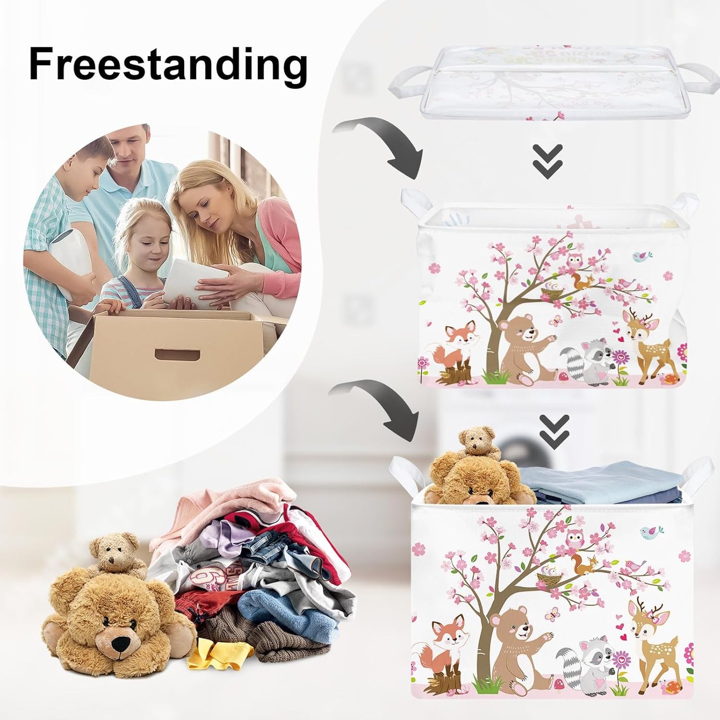 Cesta almacenamiento grande animales bosque rosa 36L