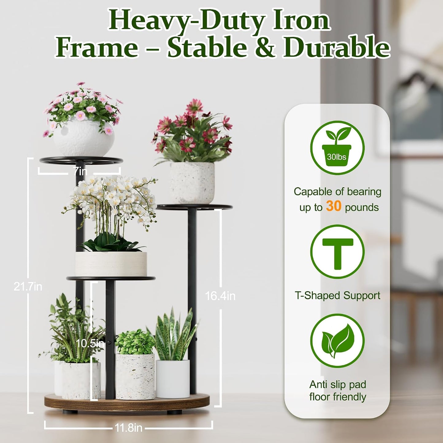 Soporte plantas 3 niveles madera y hierro forjado