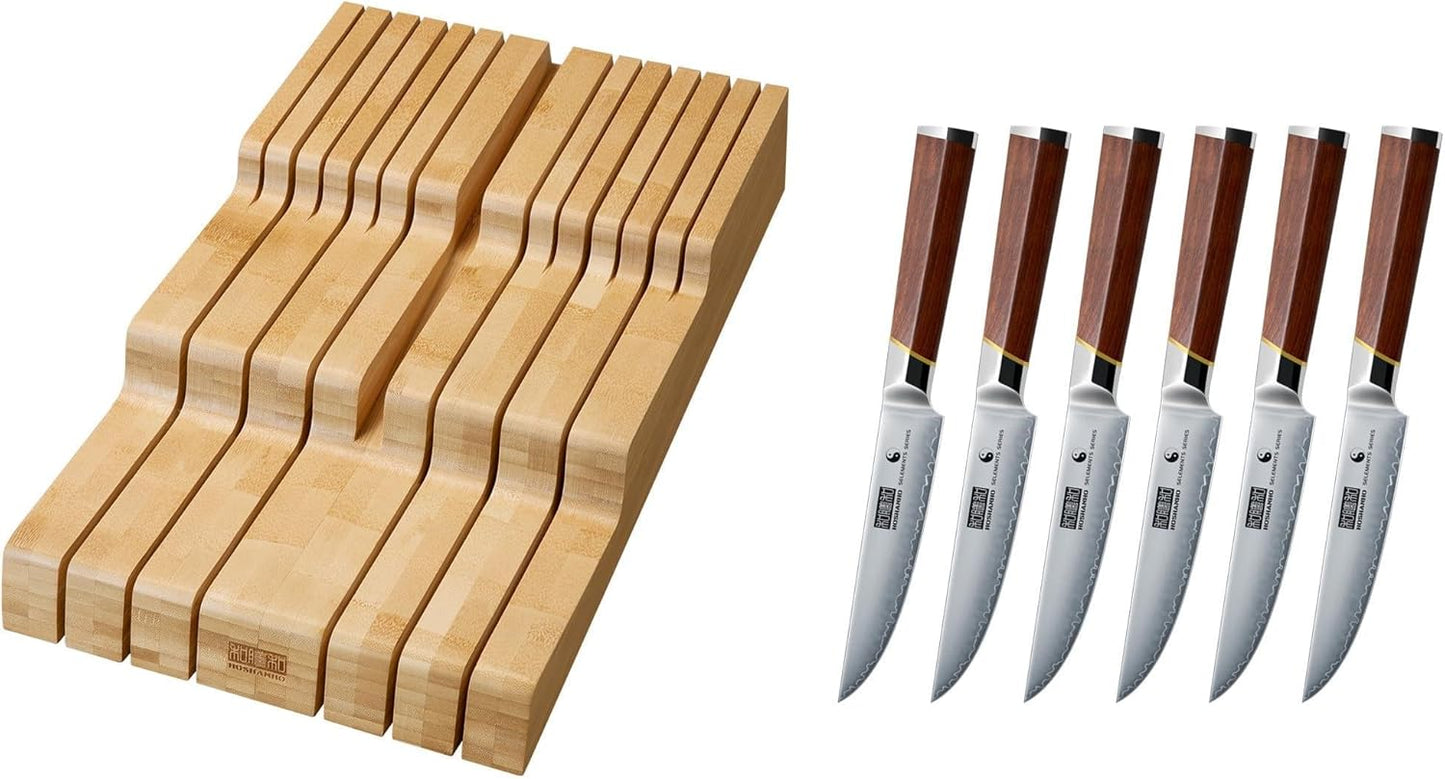 Organiz. cuchillos bambú para 12 cuchillos y set 6 cuchillo steak