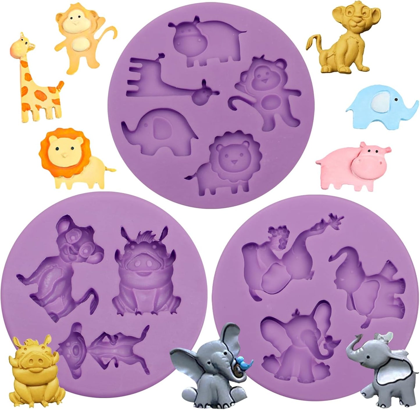 Moldes de silicona de animales para decorar pasteles morado paquete de 3 safari elefante león jirafa mono