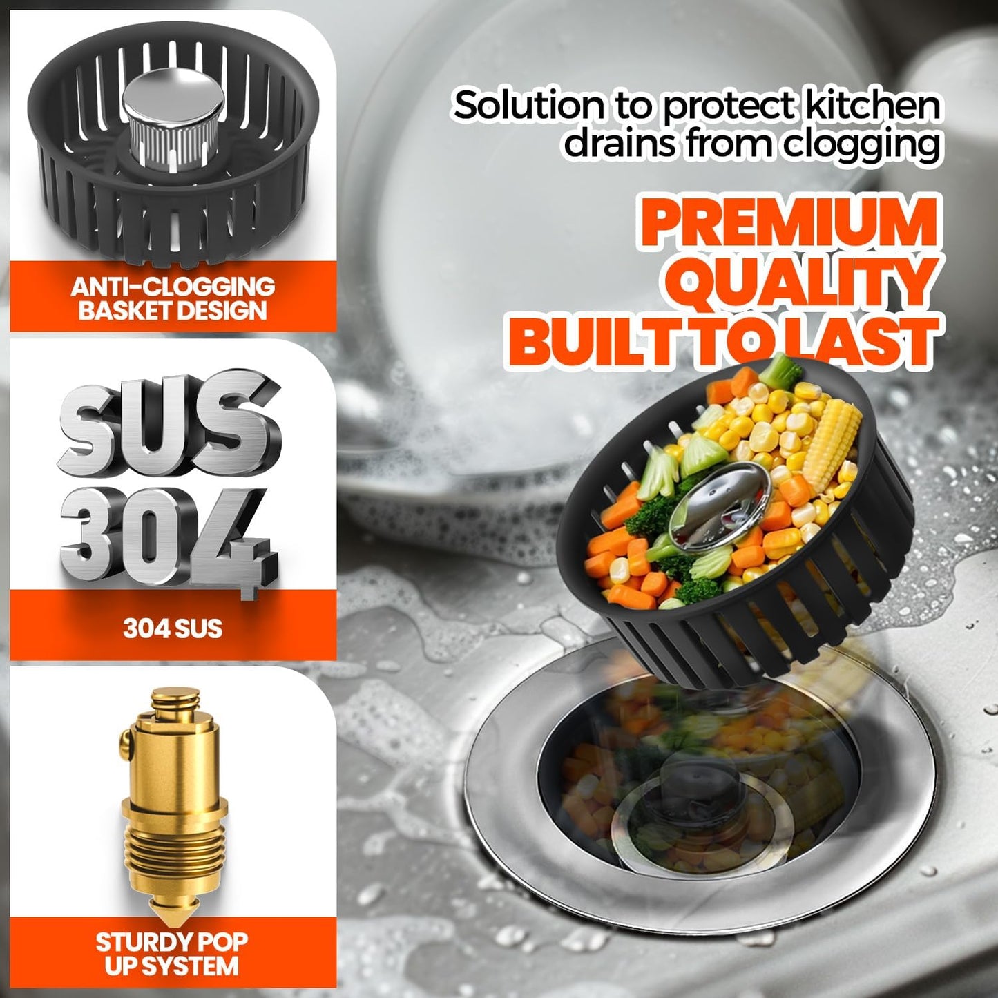 Colador drenaje acero inox 3en1 con cesta antiobstrucciones