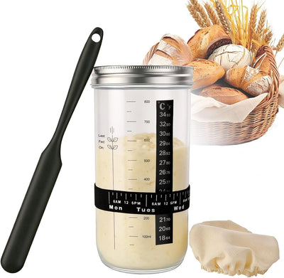 Kit inicio masa madre tarro boca ancha 34 oz con banda fecha termometro espátula