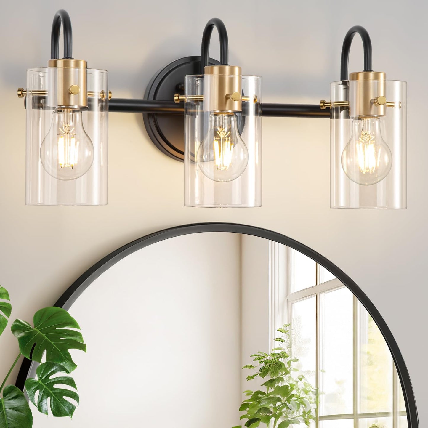 Lámpara tocador 3 luces vidrio transparente negro dorado