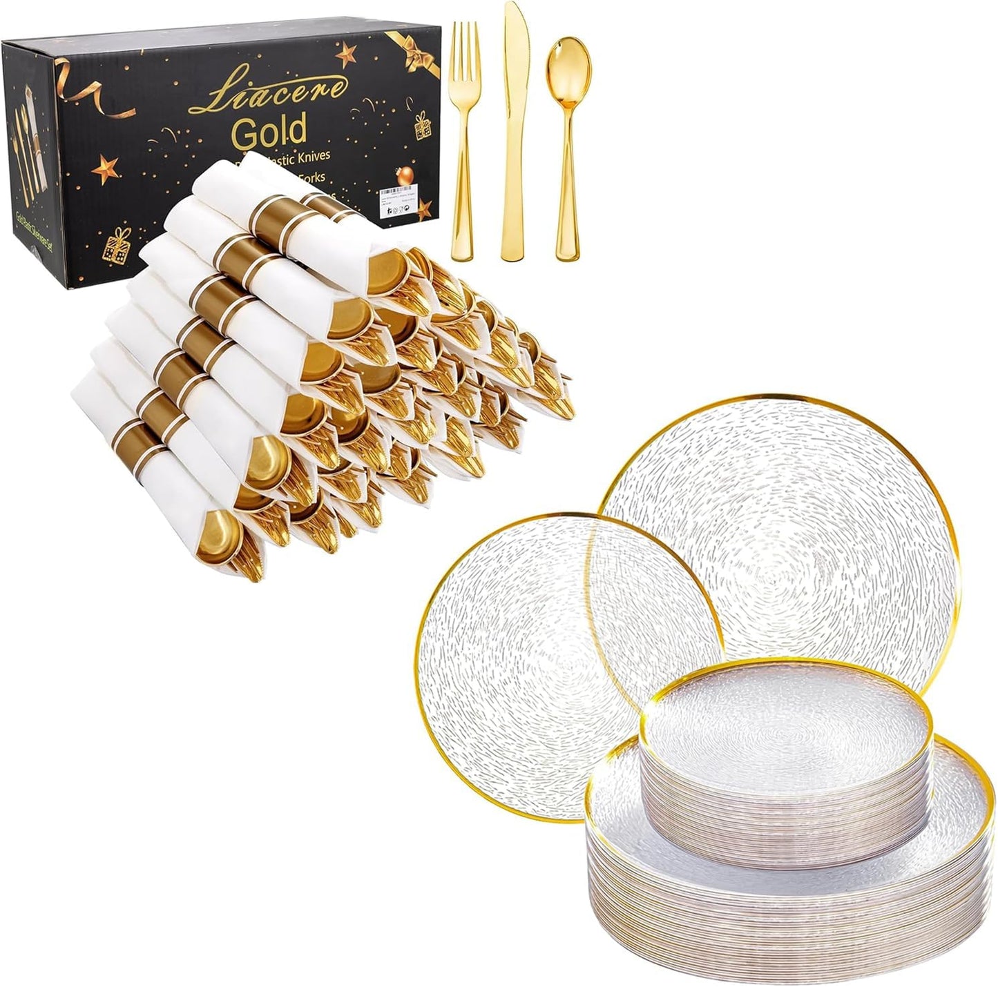 Pack 100 servilletas plástico transparente dorado