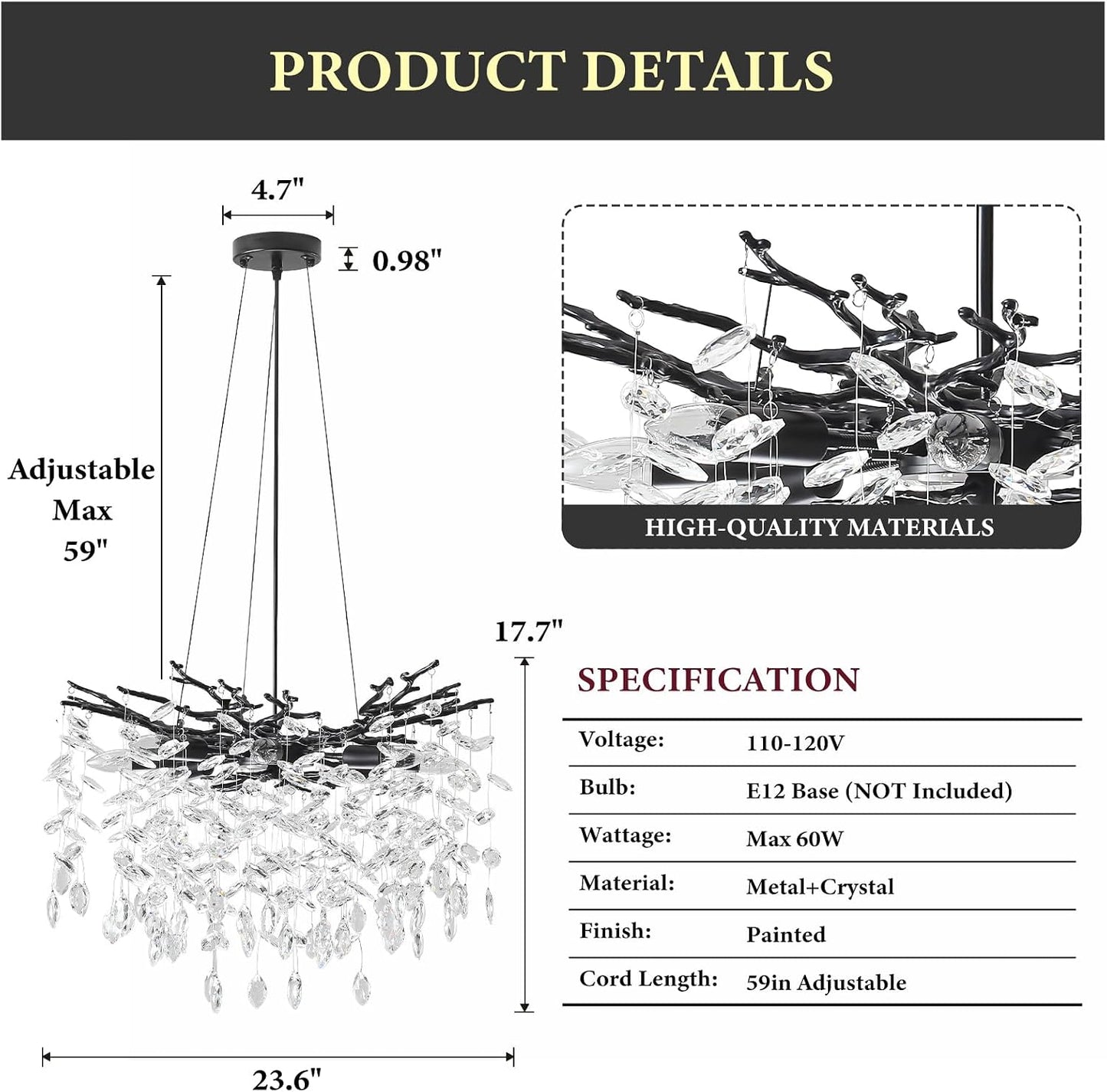 Candelabro cristal 23.6pulg 8 luces E12 para comedor