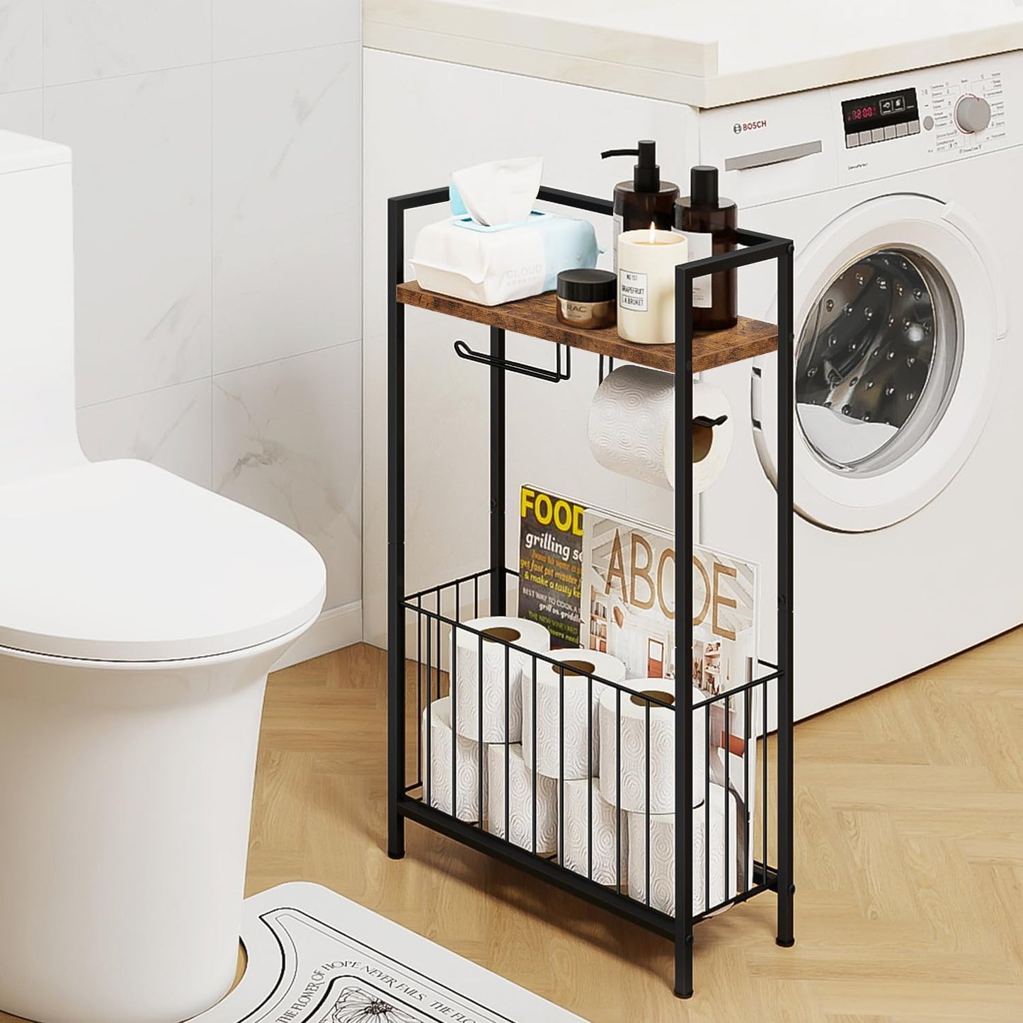 Soporte papel higiénico con estante y cesta marrón rústico