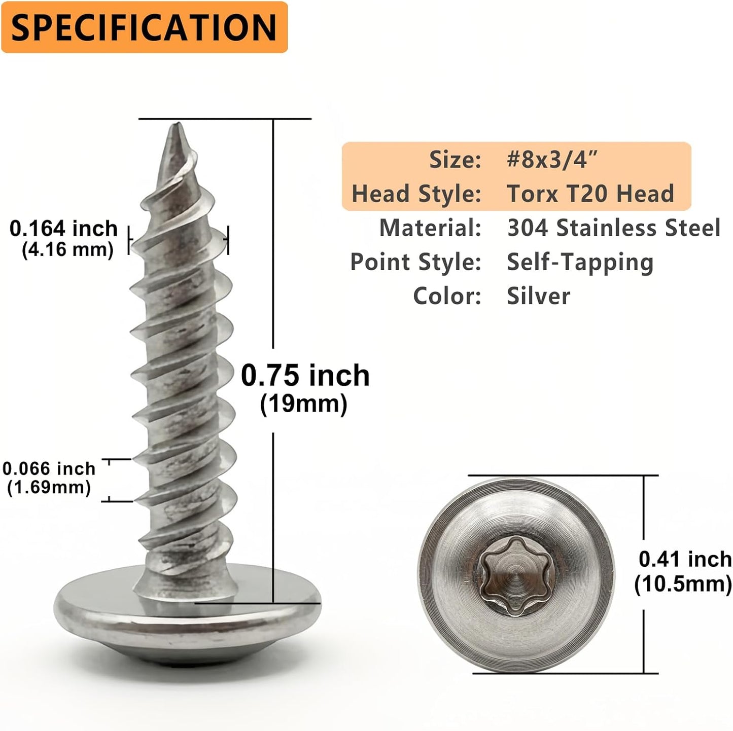 100 Pzas Tornillos Torx 304 Acero Inox Autoresc. 8x3/4