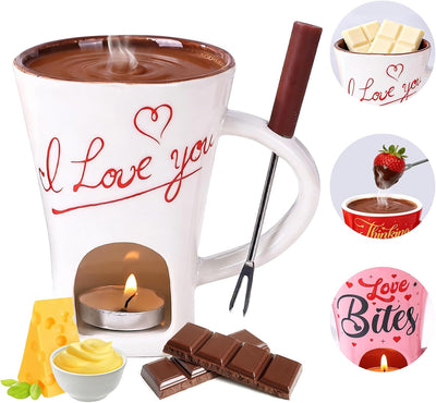 Juego de fondue de chocolate con taza de cerámica y velas de té para San Valentín