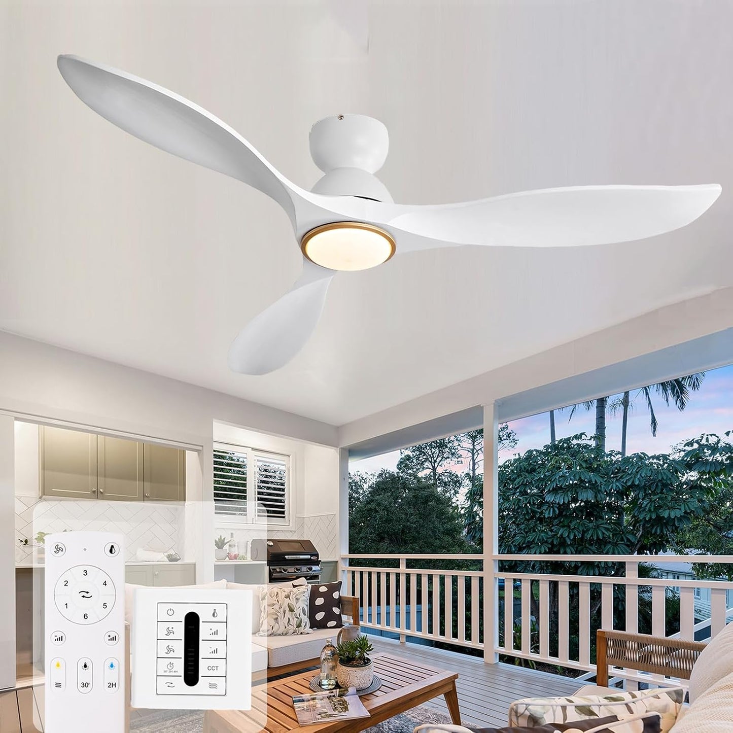 Ventilador techo 52pulg blanco dorado luz control remoto