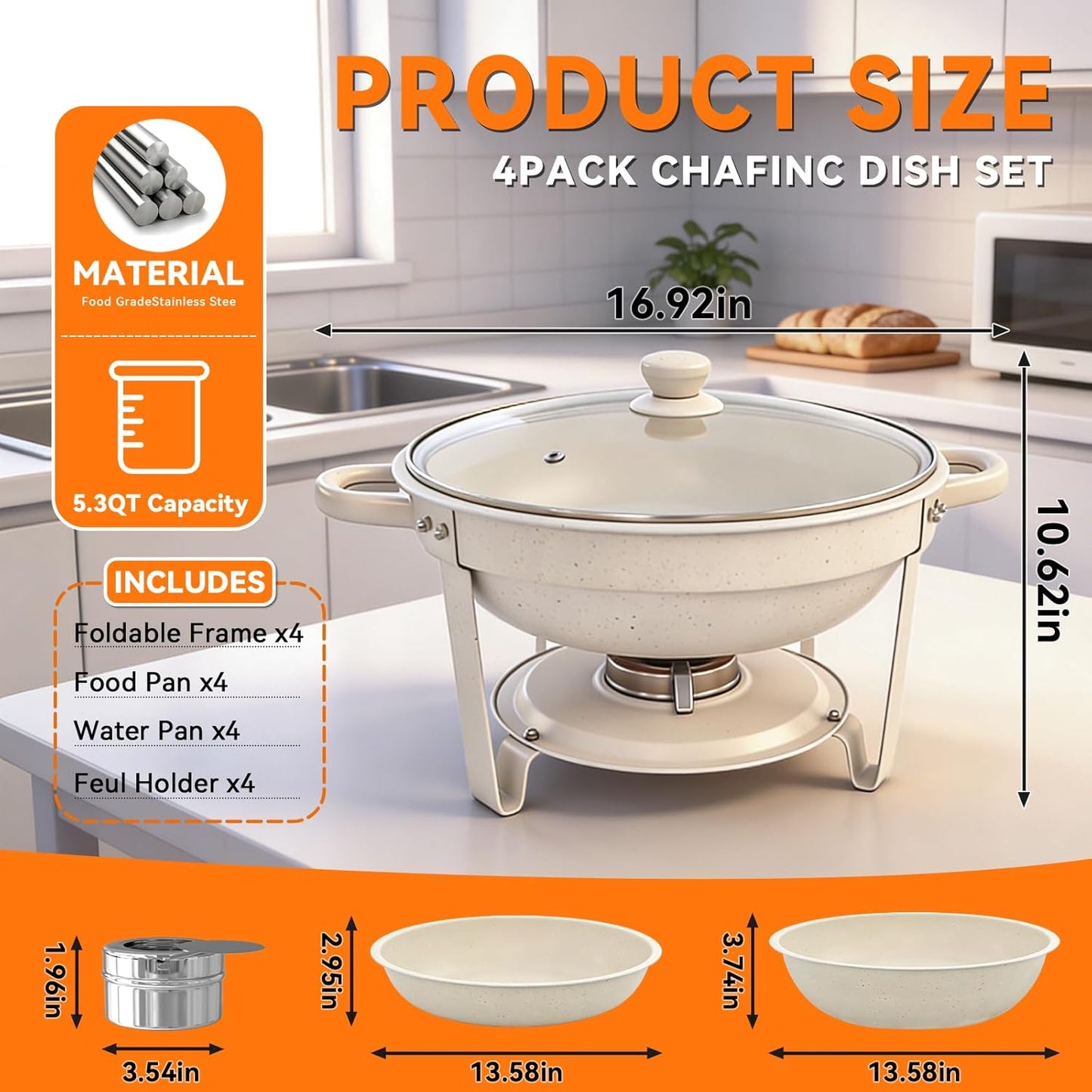 Set 4 platos bufé acero inox 6qt con tapa vidrio