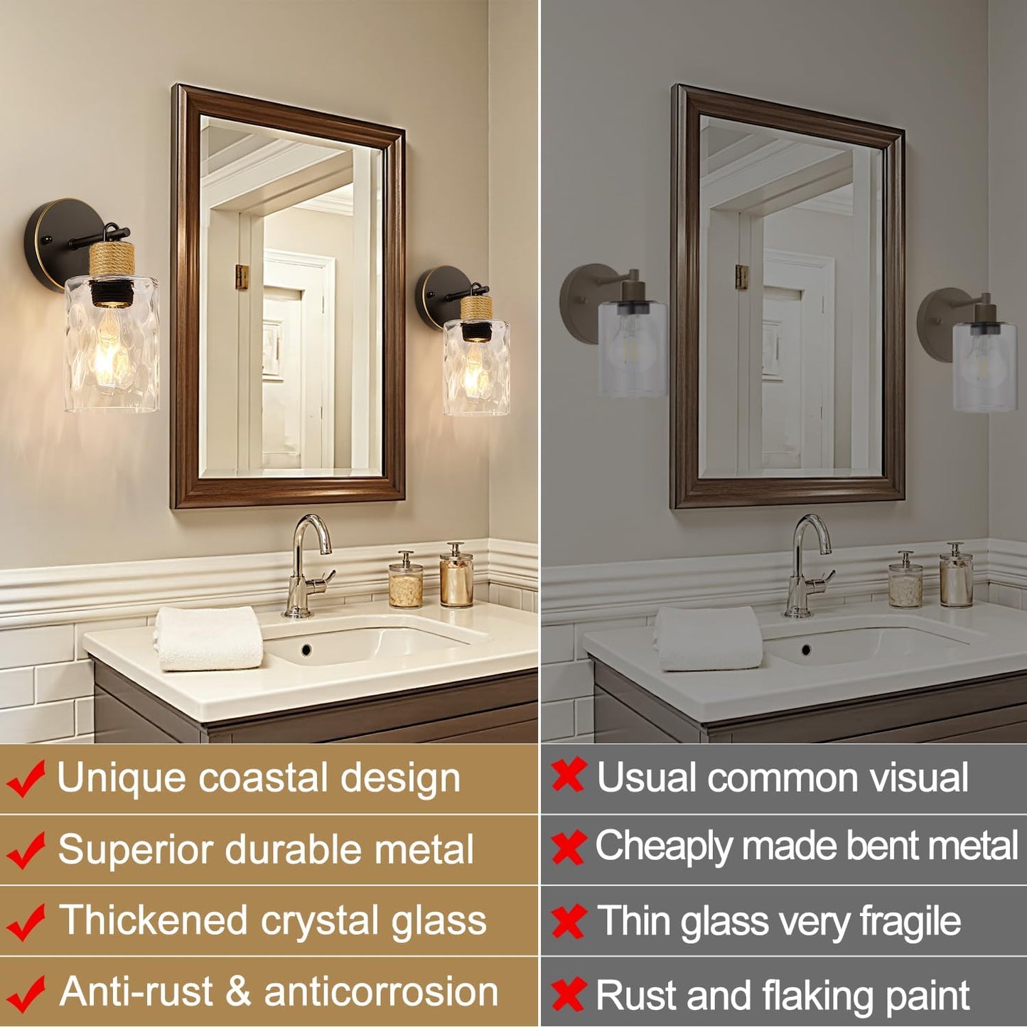 2 Pzas Apliques Baño Luces Tocador Vidrio Marrón Dorado