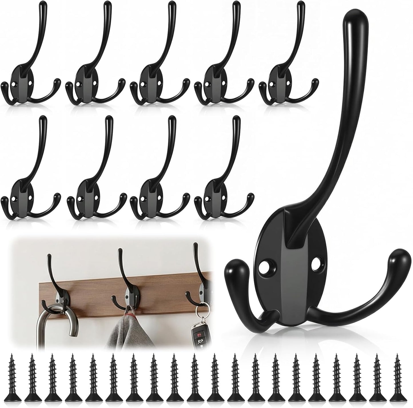 20 Ganchos Metal Negro Pared Triple Resistentes
