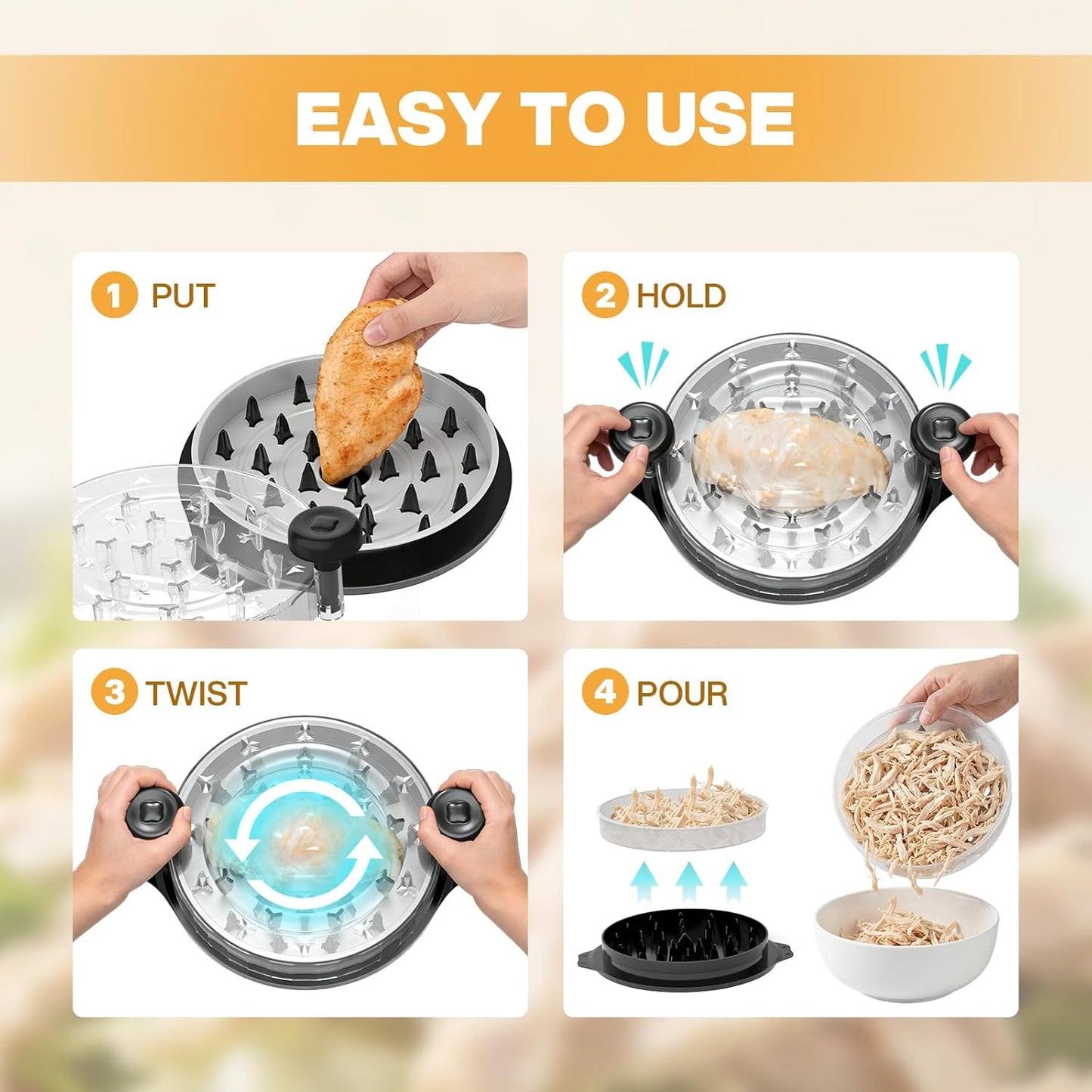Trituradora de pollo con mango ergonómico y superficie antideslizante