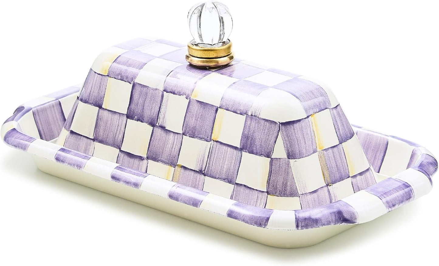 Caja mantequilla esmaltada cuadros violeta y blanco