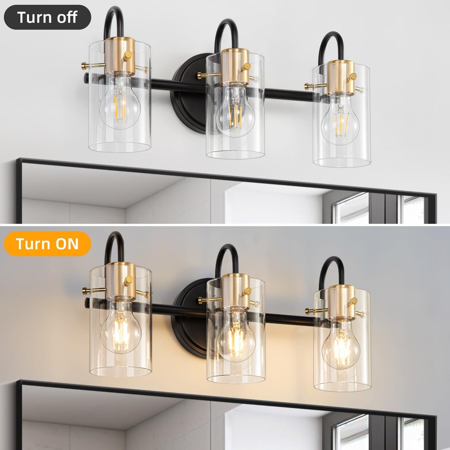 Lámpara tocador 3 luces vidrio transparente negro dorado