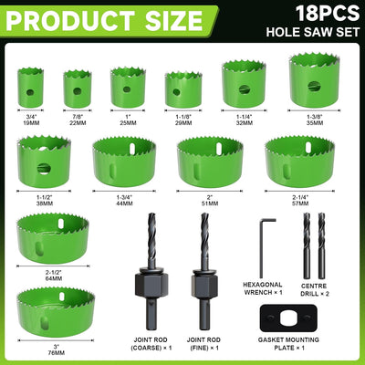 Set sierra perforadora 18 pzas acero alto carbono 0.748-2.992pulg