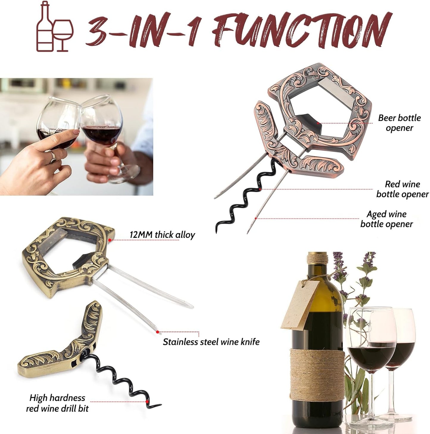 Abridor vino 3en1 con puntas y removedor corcho bronce