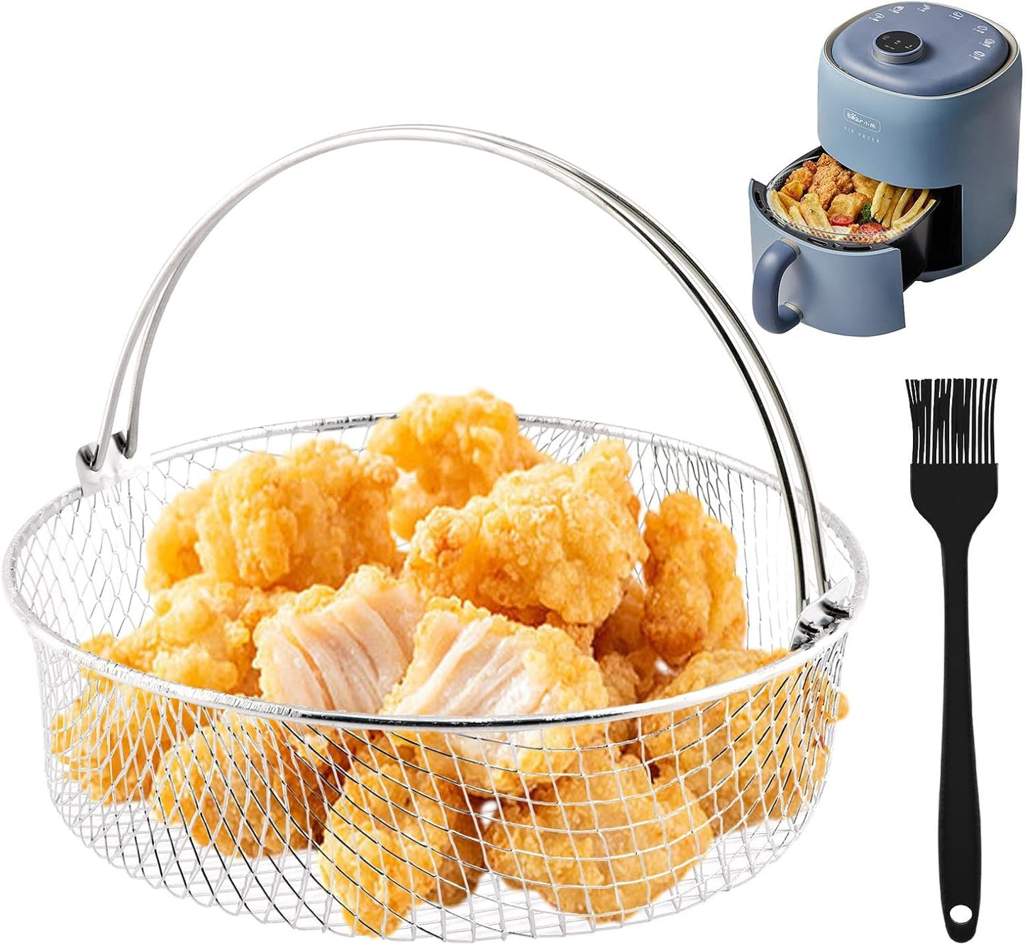 Cesta para freidora de aire de 8 pulgadas con mango y cepillo