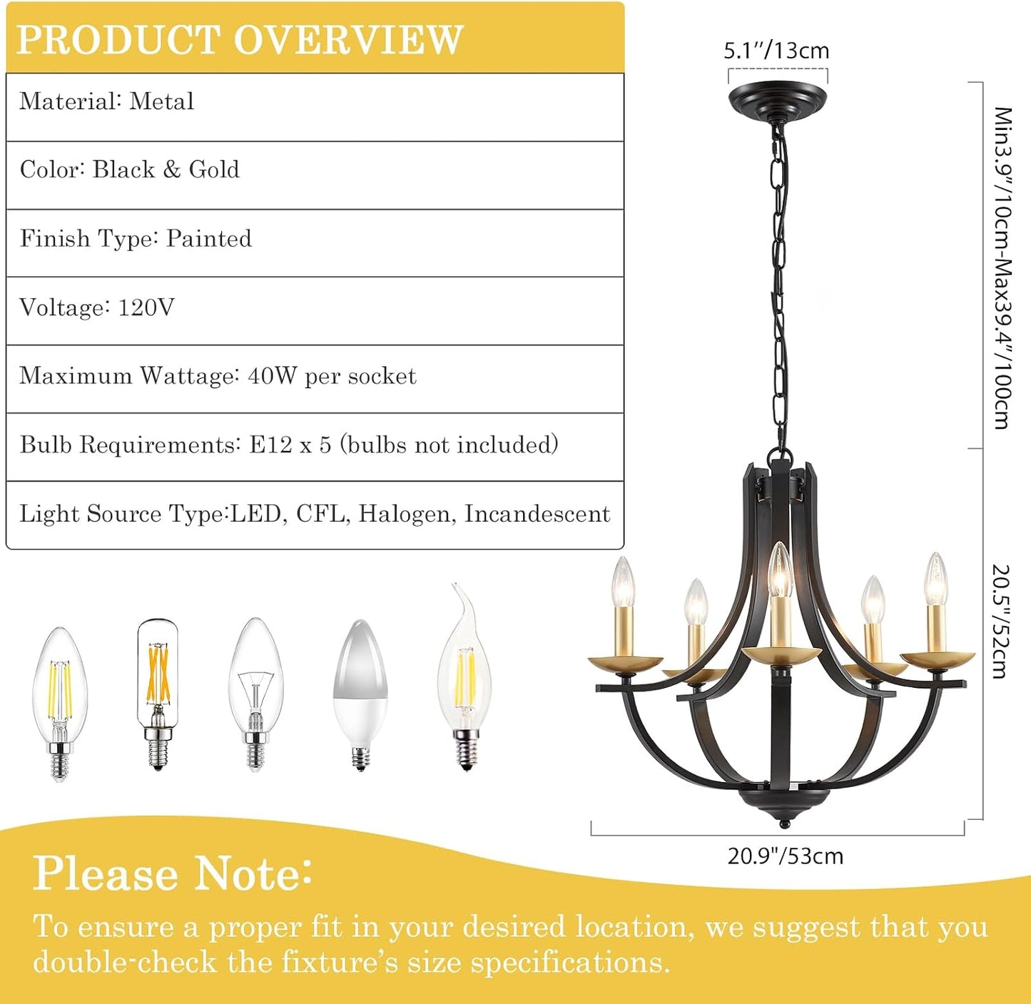 Candelabro negro 5 luces 21pulg moderno rústico ajustable