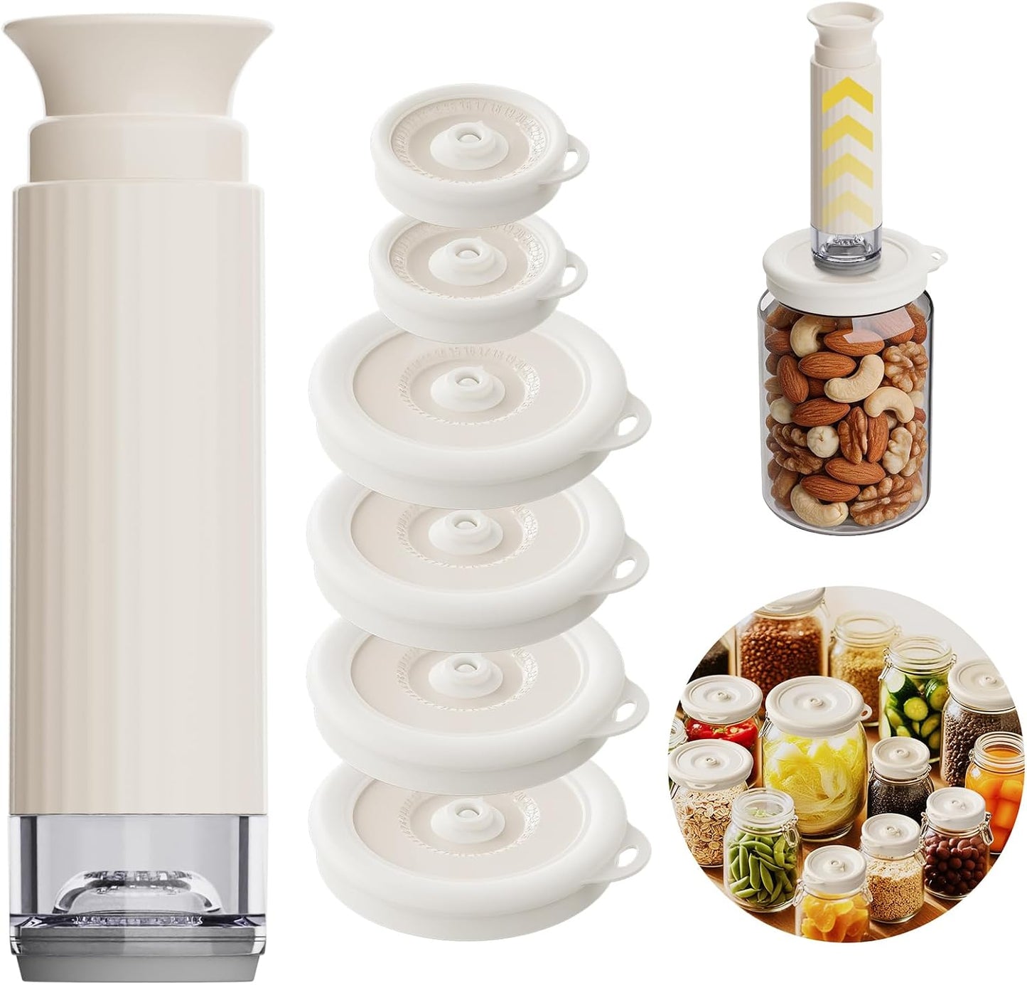 Kit sellado al vacío 6 tapas silicona reutilizables para frascos