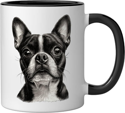 Taza cerámica de arte retrato perro Boston Terrier en negro y blanco