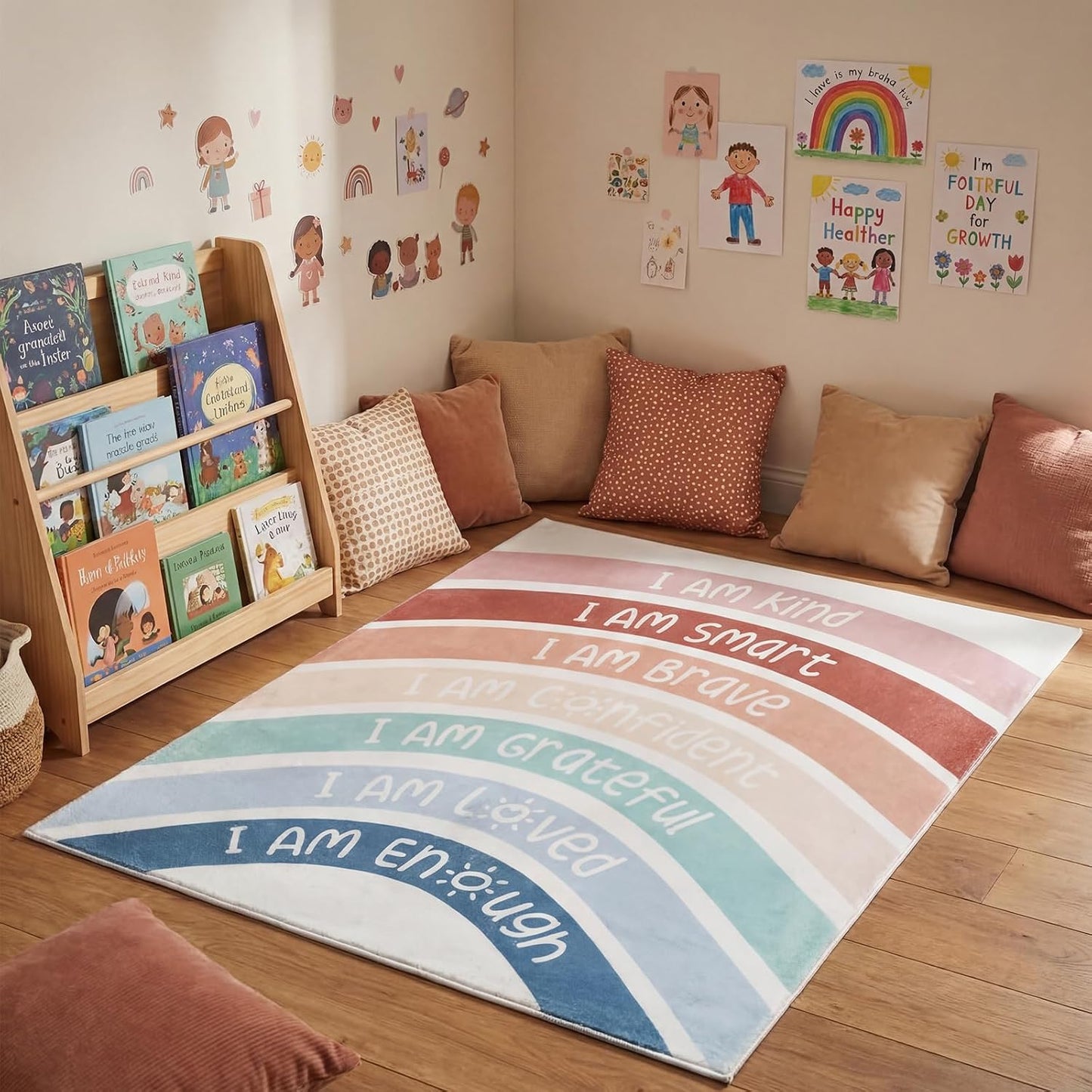 Alfombra bohemia 3.3x4ft aula diseño arco iris suave esponjosa