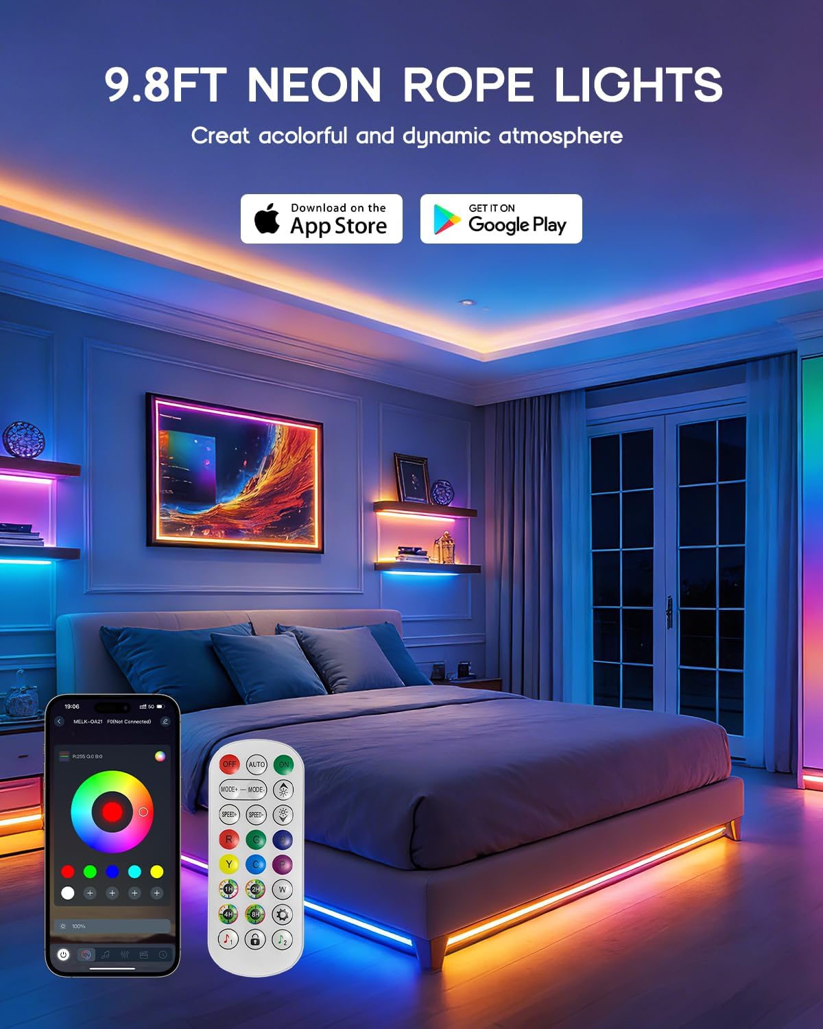 Tira luces LED neón 9.8ft control app remoto IP65 al aire libre