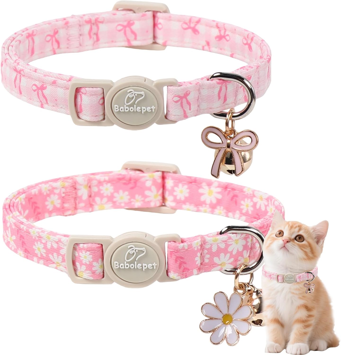 2 Collares Gato Rosados con Lazo y Campana Ajustables