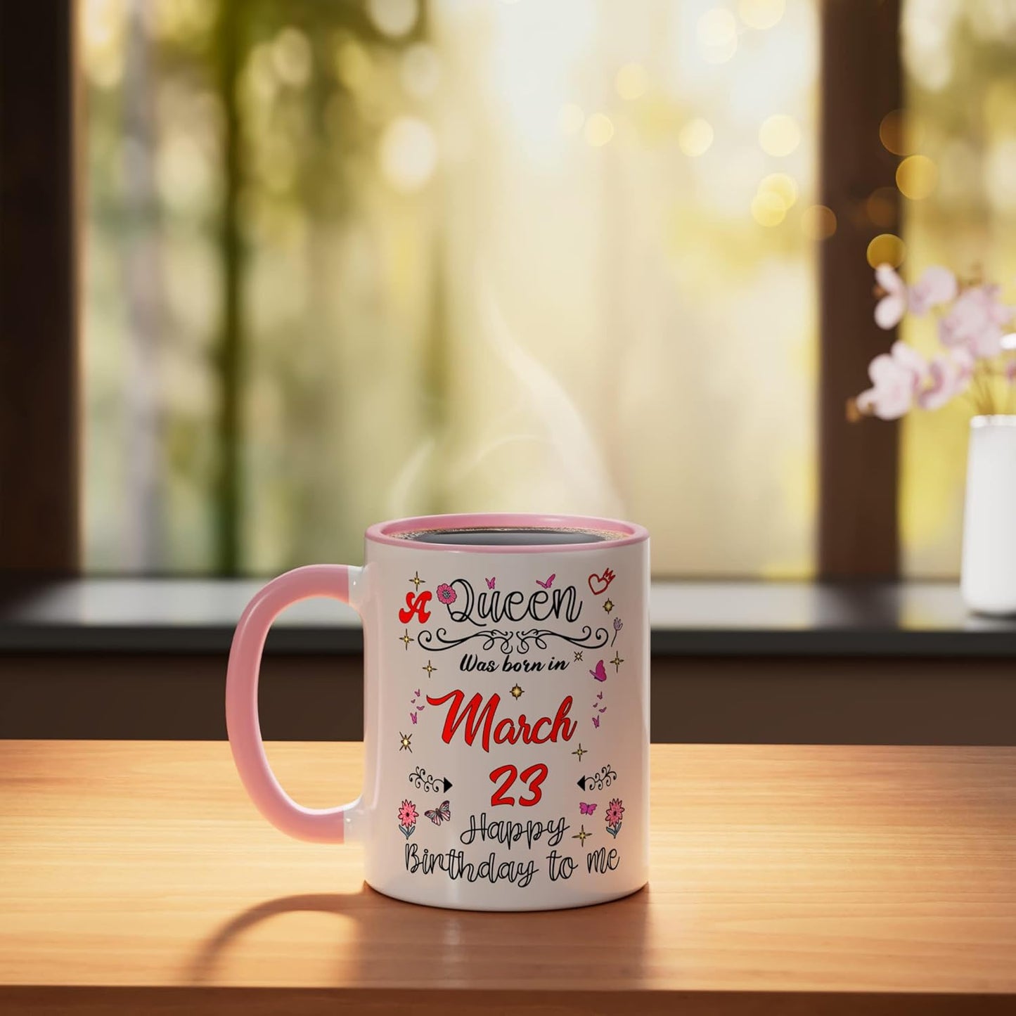 Taza cerámica para cumpleaños 23 de marzo rosa/blanco