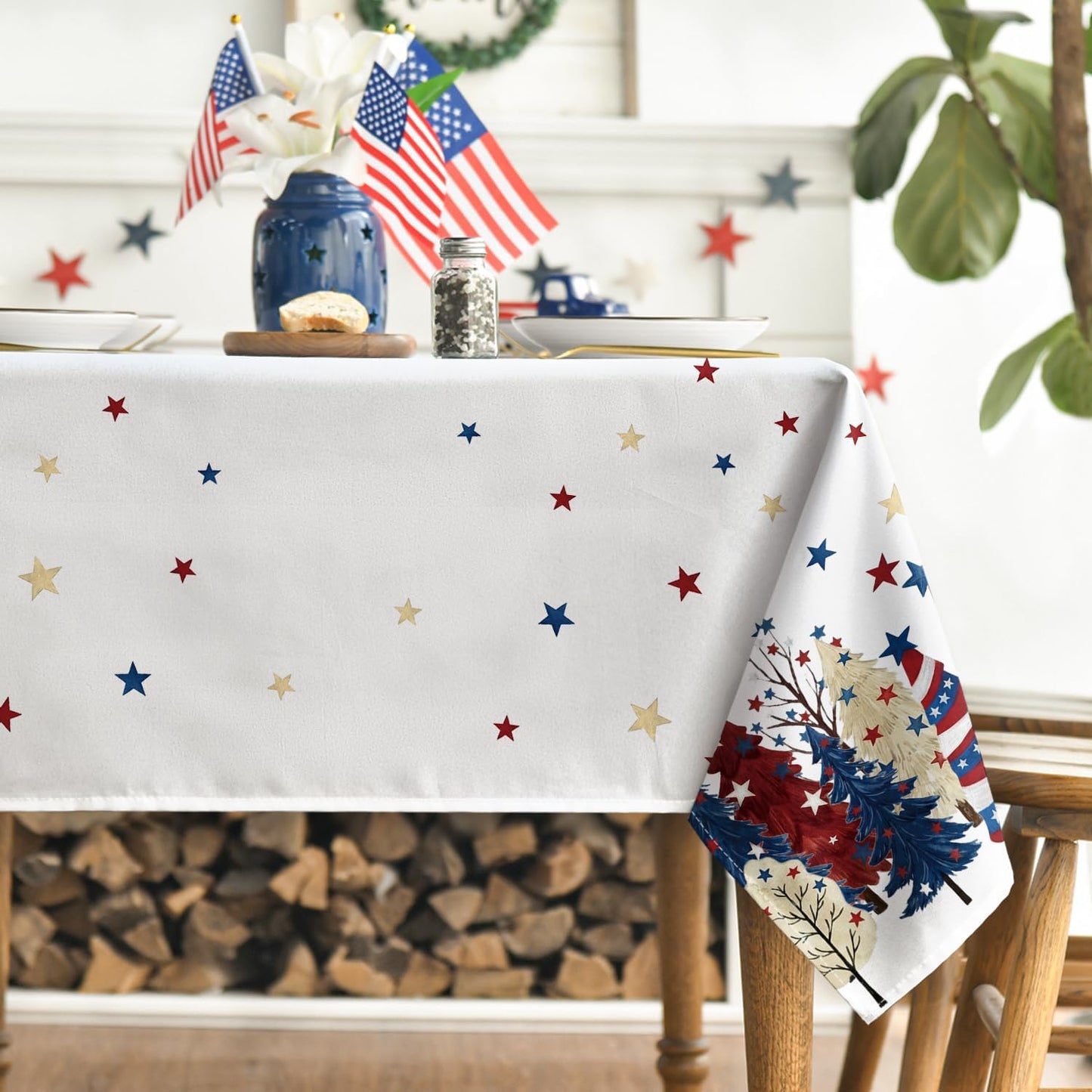 Mantel rectangular 60x120pulg diseño árboles patrióticos azul rojo