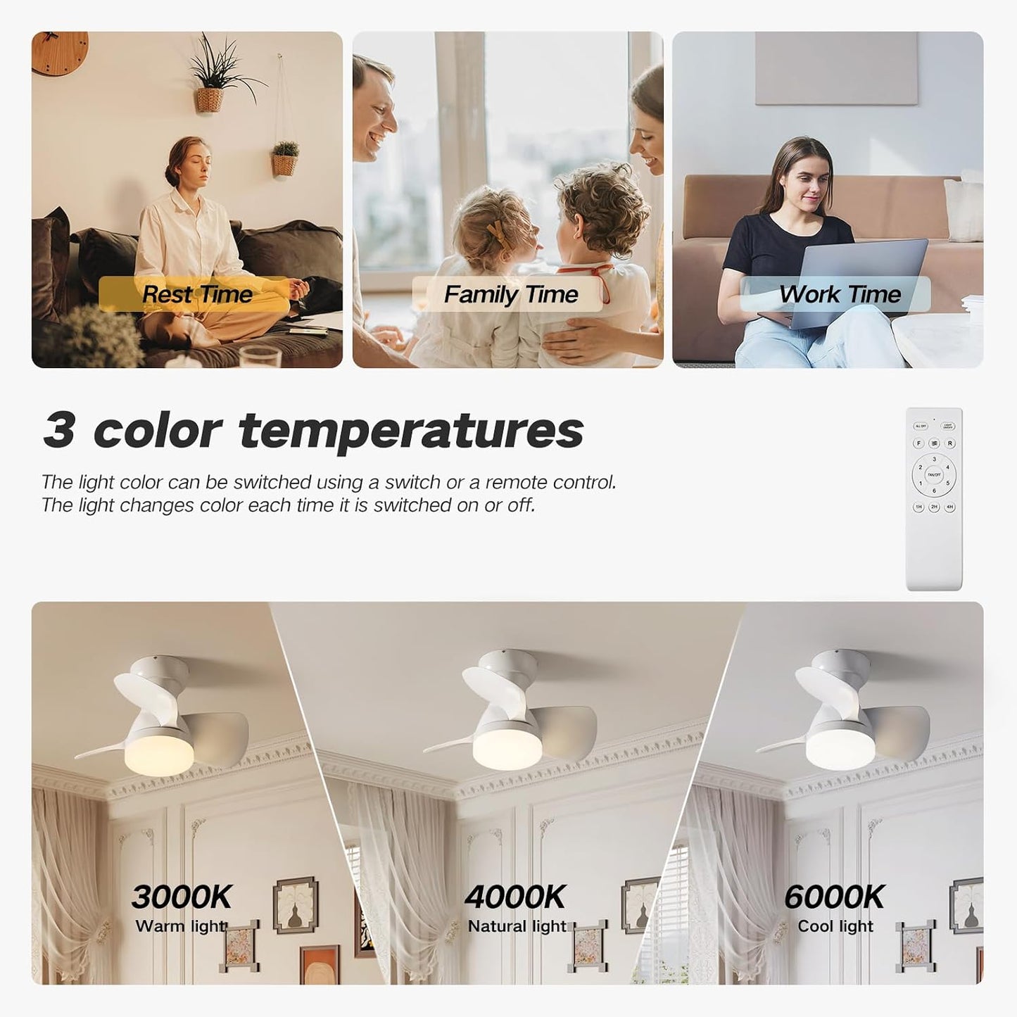 Ventilador techo 20pulg 3 hojas ABS control remoto sala dormitorio