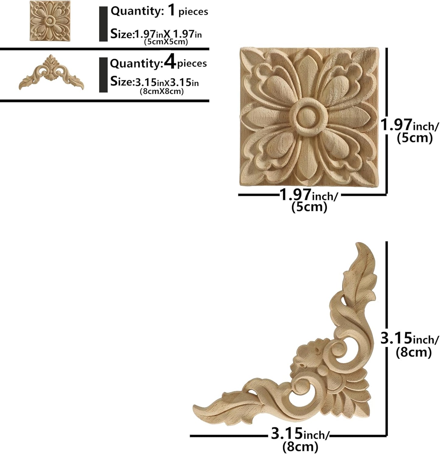 5 Pzas Apliques Madera Sin Pintar para Espejos Puertas y Arte