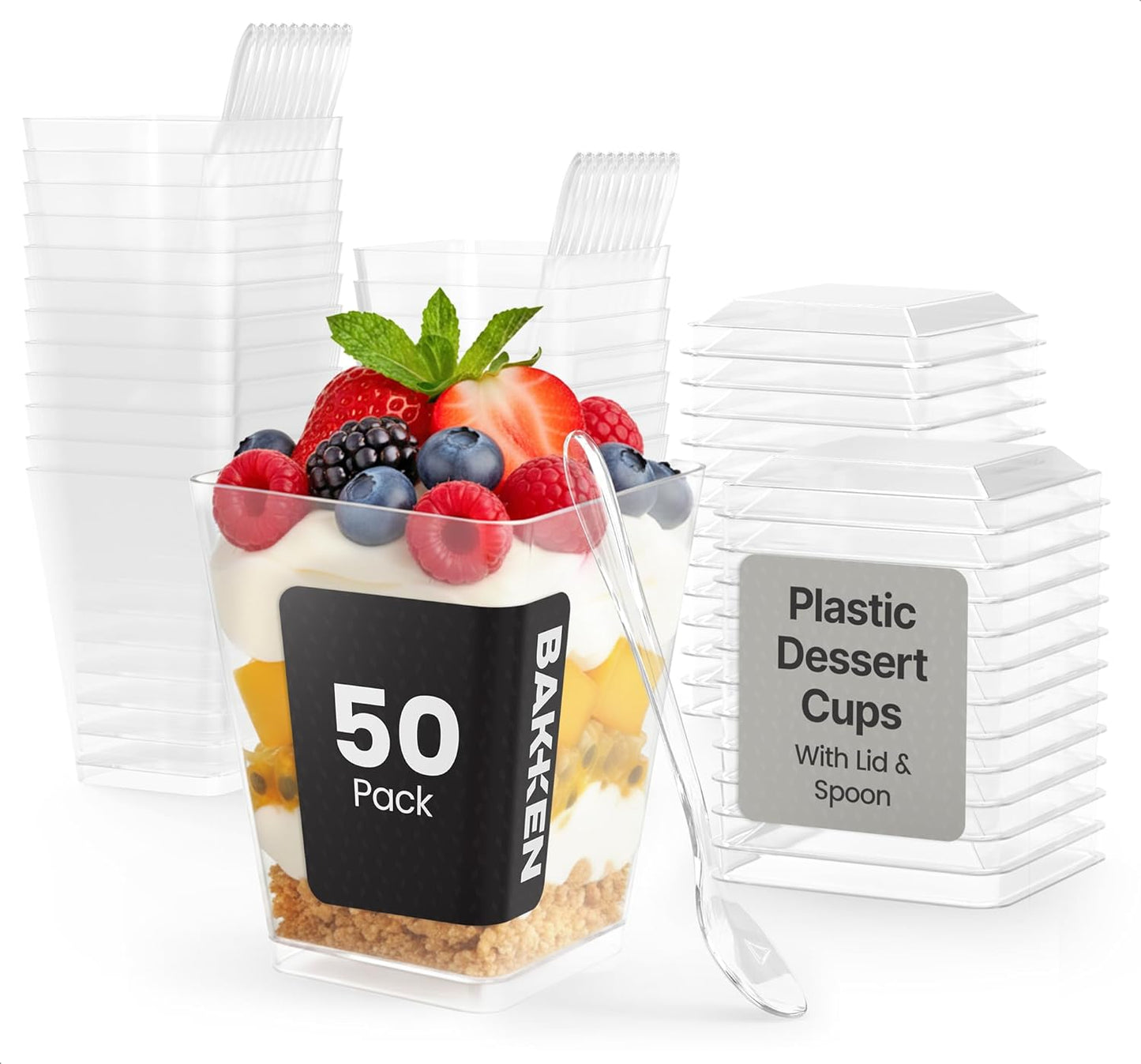Vasos de postre de plástico con tapas y cucharas paquete 50