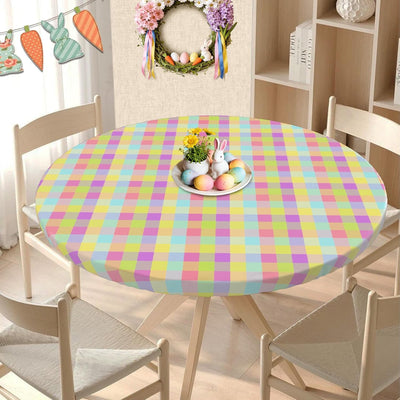 Mantel elástico redondo de Pascua ajustable para mesa de comedor a cuadros