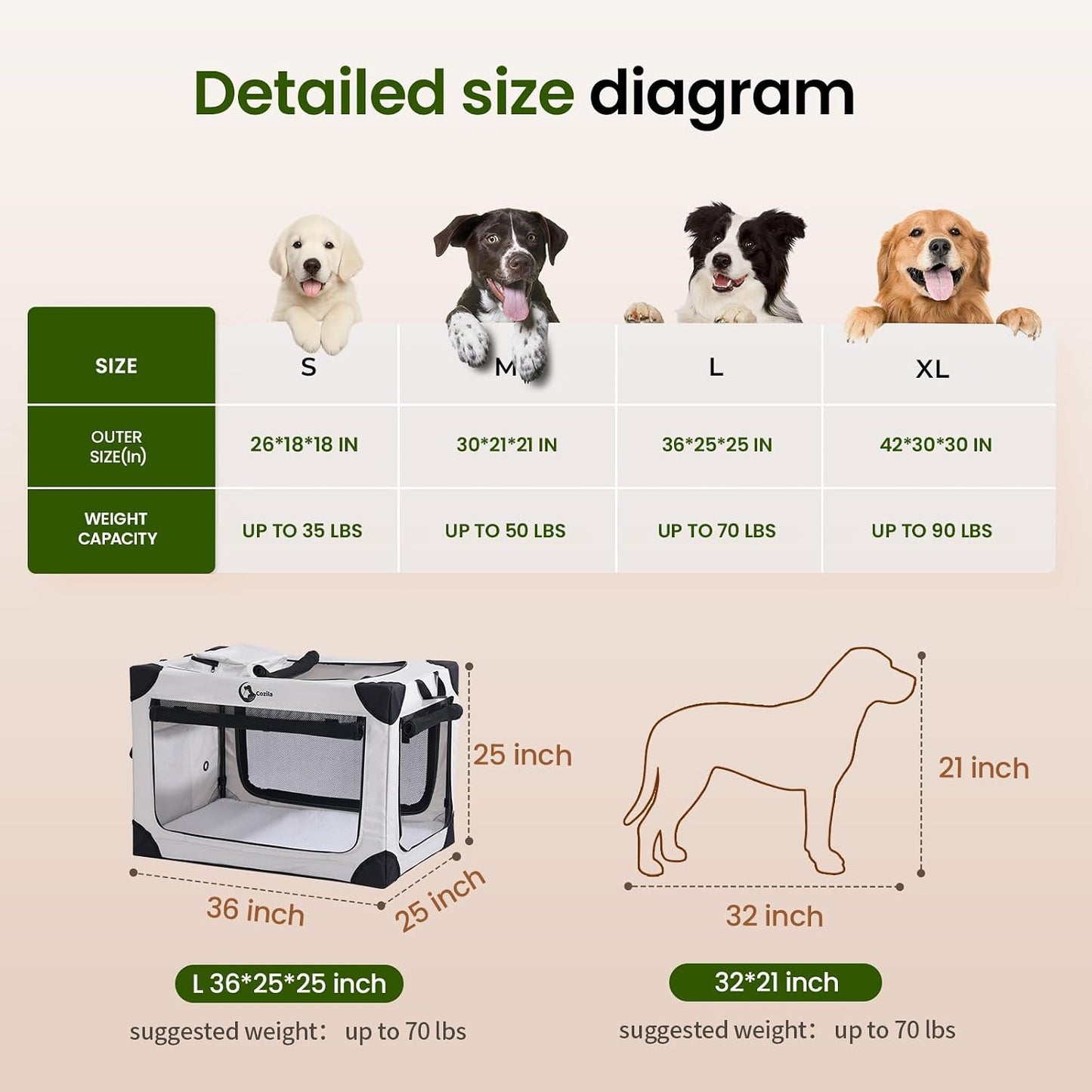 Jaula plegable perros grandes 36x25x25pulg gris